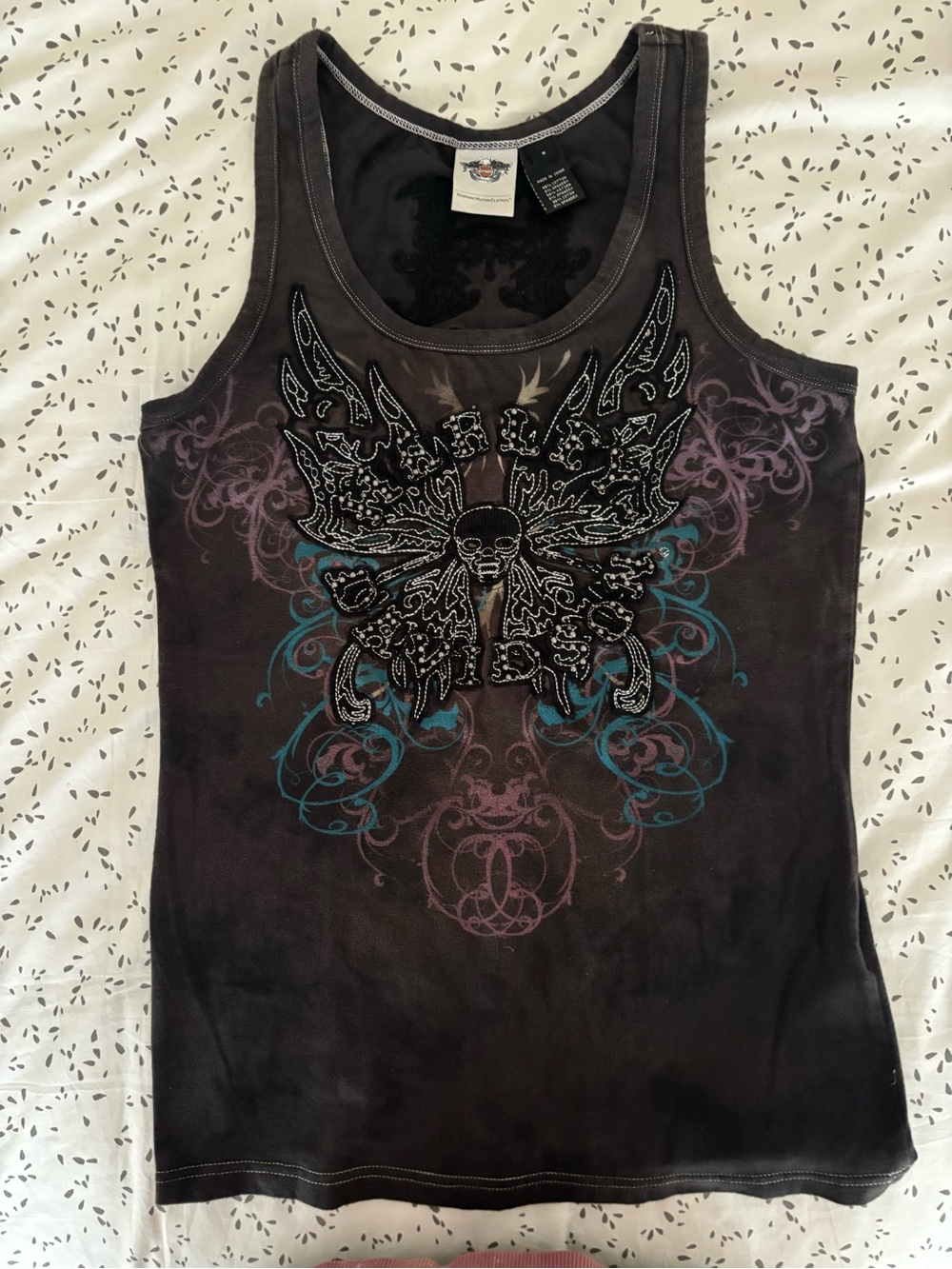 Harley-Davidson Black Tank Top with Teal and Mauve Winged Skull Graphic